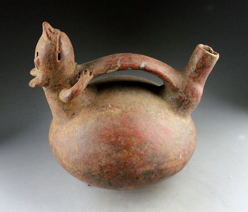 Rare large Vicus / Moche pottery stirrup vessel w Opussum!