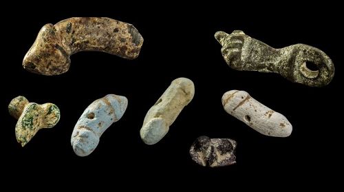 7 ancient Roman Phallic / Erotic amulets in bronze, glass and faiance