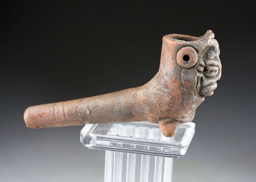 Rare Pre-columbian Aztec ceramic effigy pipe, 13th.-15th. cent