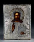 A Russian Icon with Jesus Pantokrater, Silver Ritza, dated 1874!