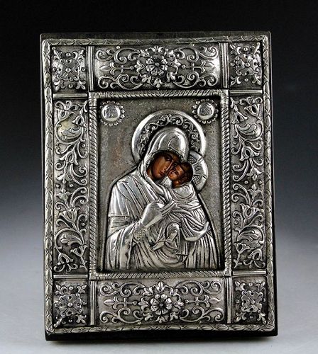 A heavy solid silver Greek Icon, made in Byzantine style, 20th. cent.