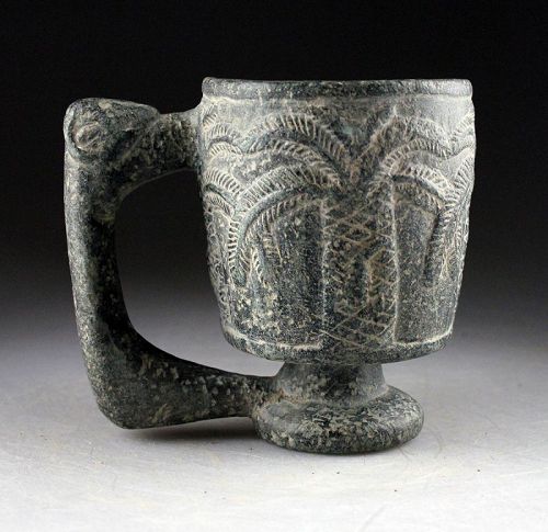 Fine Chlorite stone Chalice w Scorpios on palm trees, 3rd. mill. BC