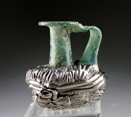 Ancient roman glass jug with costum sterling silver decoration!