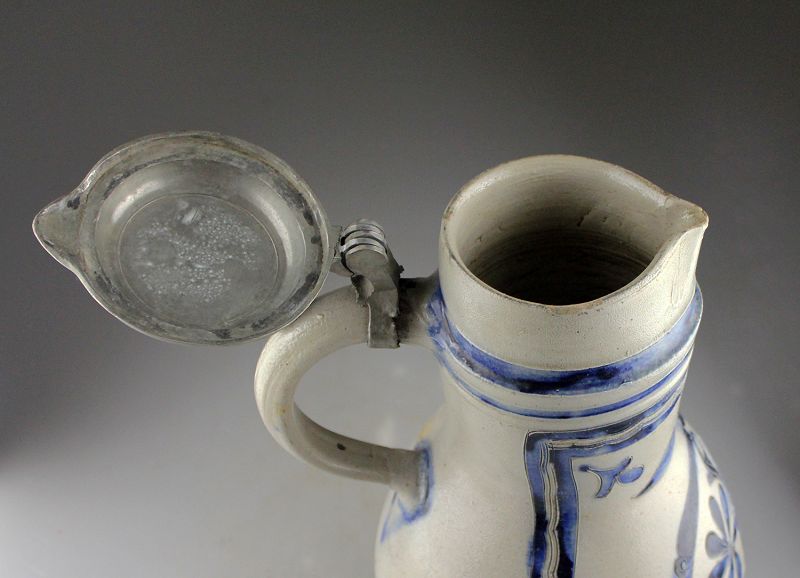 Nice German salt glazed stoneware jug, Westerwald, ca. 1800-1840 AD.