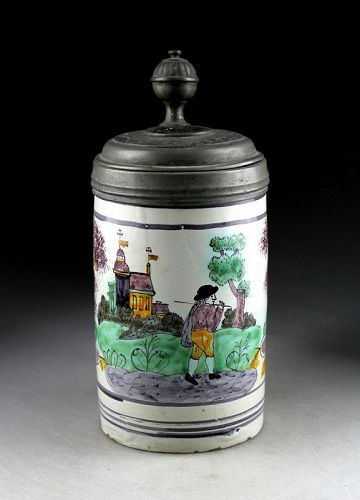 Lovely 18th Century German Pewter Mounted Faience Stein!