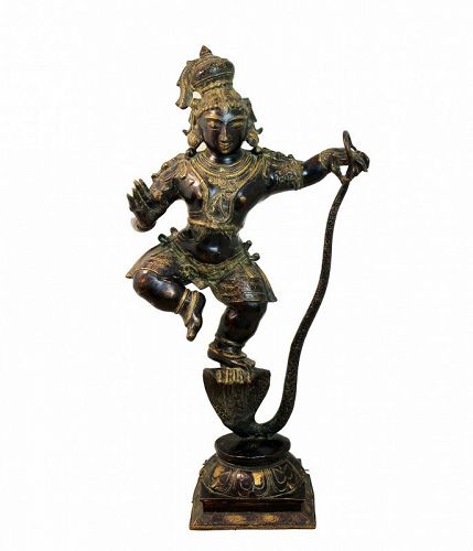 Museum quality massive bronze figure of Krishna Kaliyadaman,18th.c.