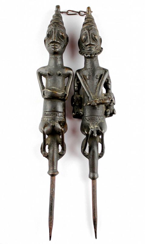 Pair of Yoruba Bronze Eden Ogboni staves, Nigeria, 19th. century
