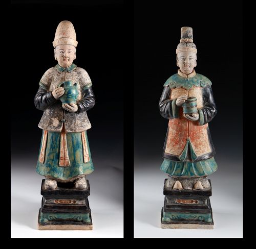 Museum Quality Ming Dynasty pottery figures of attendants w TL