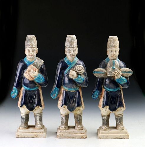 Lovely Set of Three Ming Dynasty Pottery Figures of Attendants, 1368-1