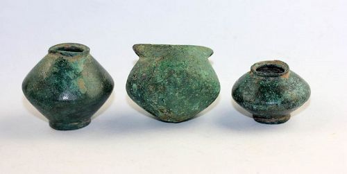Lovely set of 3 Greek Geomethric period bronze objects, 8th. cent. BC