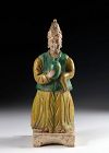Larger Sancai glazed Ming Pottery figure of an Attendant w vase!