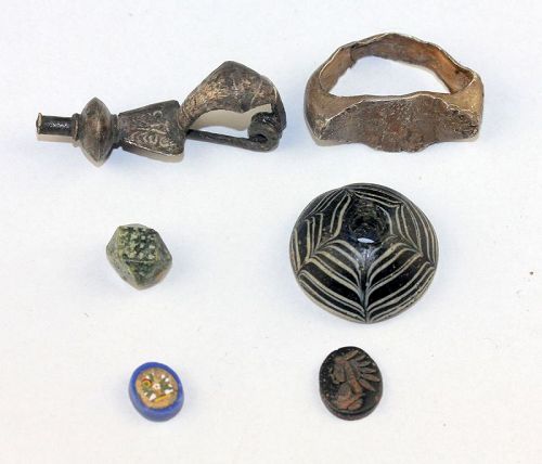 Lot of 6 nice roman stone seal, silver fibula & ring, 1st.-3rd. cent.