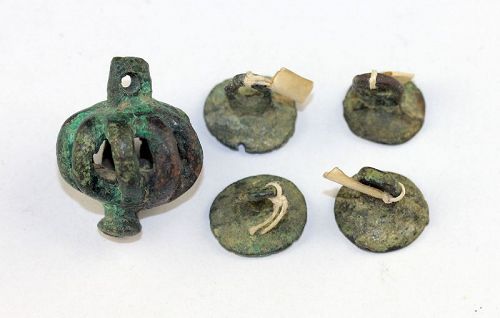 Interesting lot of 4 Luristan bronze stamp seals and a bronze bell!