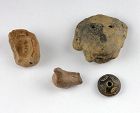 4 pre-columbians: pottery mould, bird whistle, head & spindlewhorl