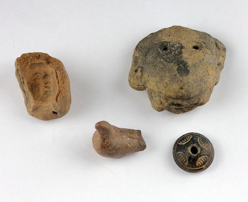 4 pre-columbians: pottery mould, bird whistle, head &amp; spindlewhorl