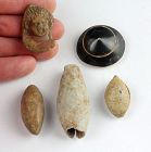 Nice lot of three Roman / Greek lead sling shots and a pottery bust!