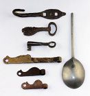 Lot of 7 medieval - renaissance metal antiques, incl. spoon