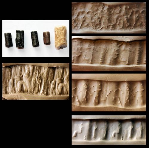 Set of 5 ancient Mesopotamian cylinder seals, 2400-1800 BC!