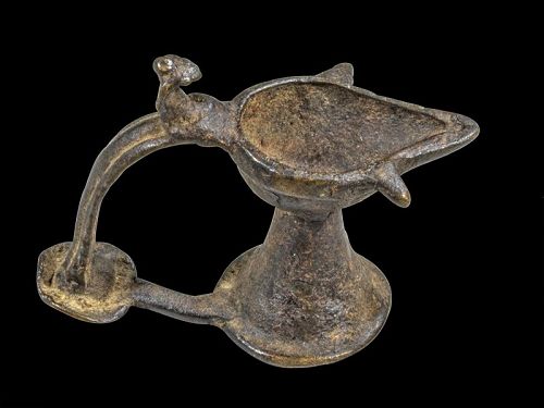 Rare early Hindu Indian bronze oillamp w cobra, ca. 12th.-14th. cent.
