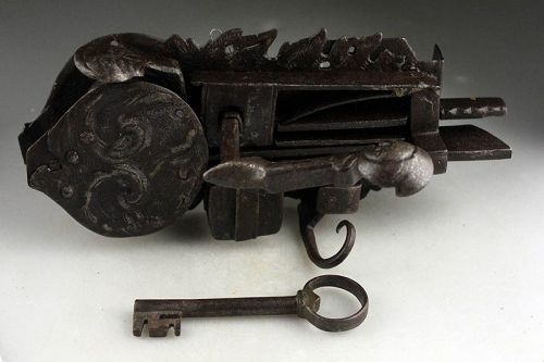 Large European 17th. century iron lock, key and grip with decoration!