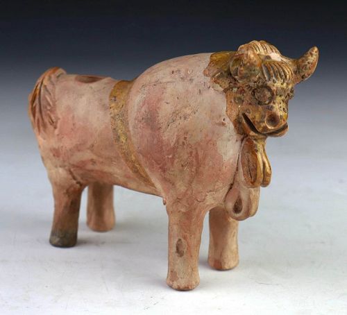 Lovely pottery Bull w sancai yellow glaze, Likely Chinese Tang Dyn.