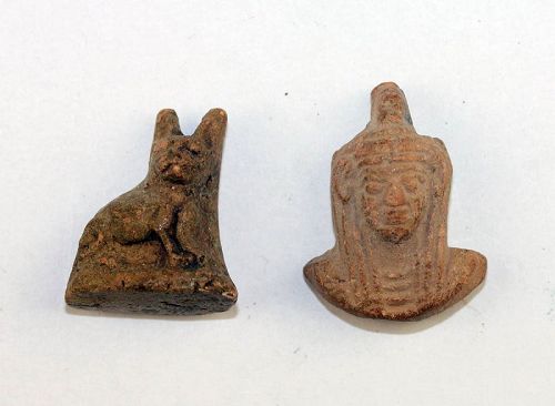 Pair of fine Egyptian ceramic amulets of Pharao and Cat, Late Period