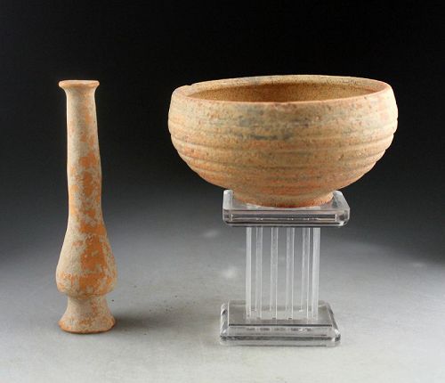 Attractive & intact Roman terracotta flask and larger bowl, 2nd.-4th.c