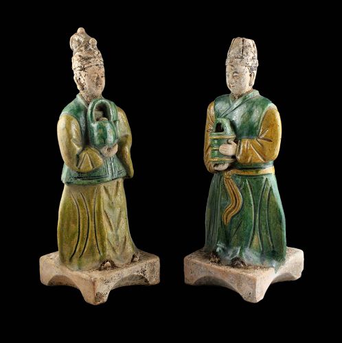 Pair of large Sancai glazed Chinese Ming Dynasty Pottery attendants!
