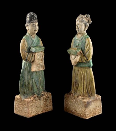 Pair of Sancai glazed Chinese Ming Dynasty Pottery attendants!