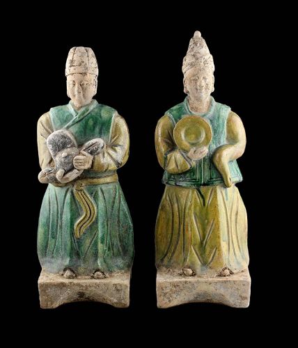 Pair of large Sancai glazed Chinese Ming Dynasty Pottery attendants!