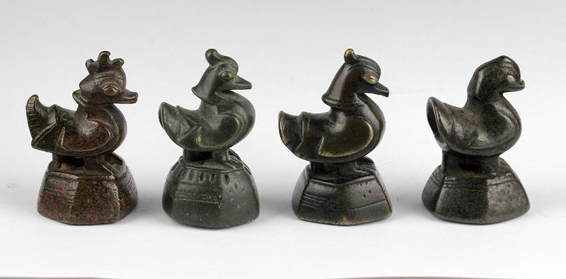 Lot of 4 highly attractive bronze 10 tical opium weights, 1800-1860!