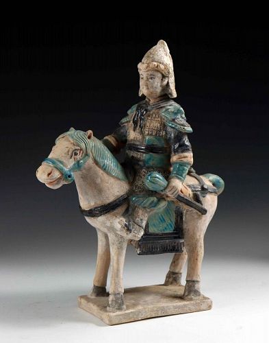 Scarce Chinese Ming Tomb pottery figure of horseman w Grenade!