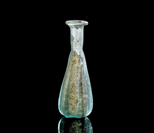 Rare ribbed / twisted Roman glass flask w irridescence, 1st.-3rd. cent