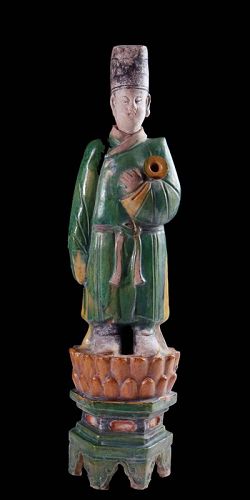 XL & Decorative Male Ming Dynasty Pottery Attendant on Lotus Throne!