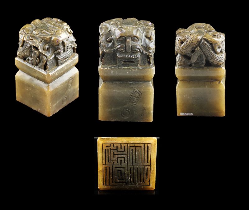 Huge Chinese soapstone stamp seal with Mythical beasts