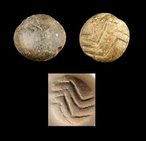 Pre-historic stone stamp seal w Zig-Zag design, 5th.-4th. mill BC