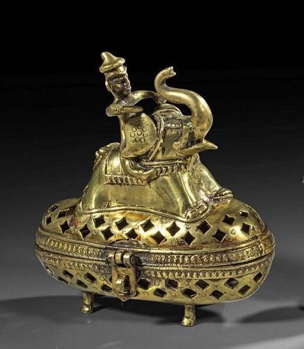 Large & attractive early Indian brass incense burner w Elephant rider