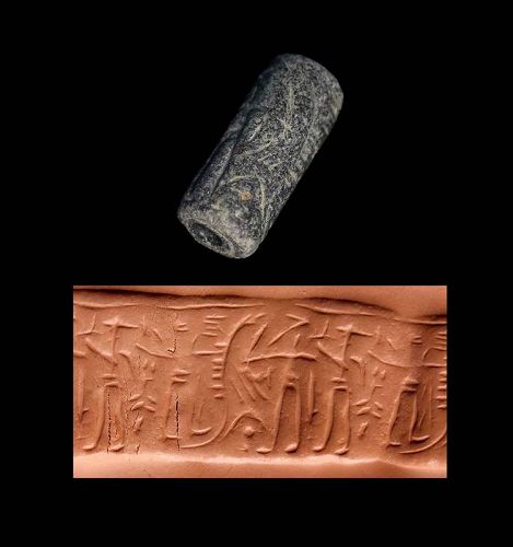 Large Middle Assyrian stone cylinder seal, 14th.-10th. cent. BC