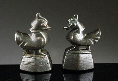 Pair of superb bronze 10 Tical Shan Duck Opium weights, 1800-1850