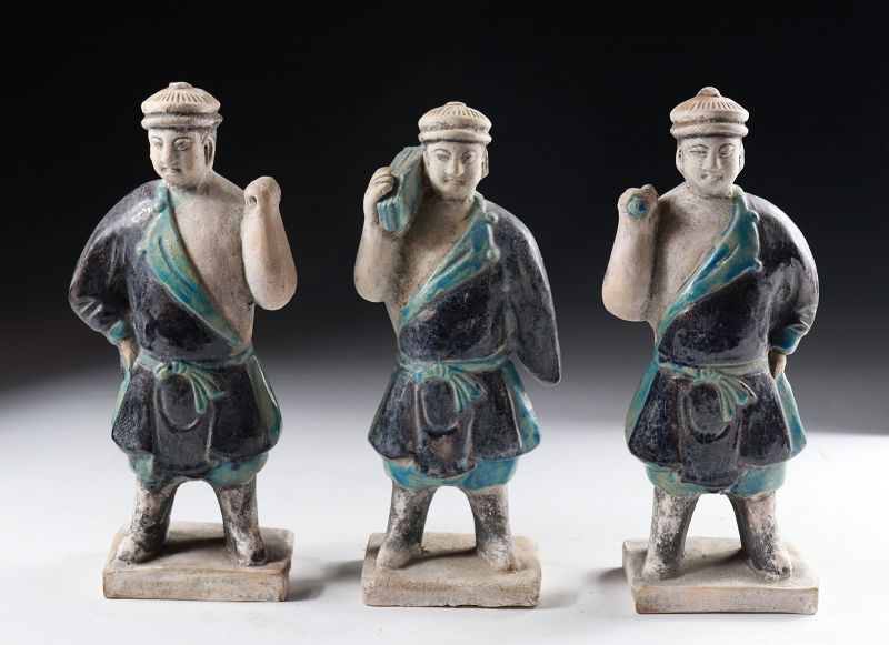 Set of Three Ming Dynasty Pottery Figures of Attendants, 1368-1644