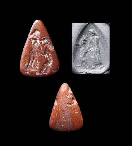Interesting red Jasper stone seal w king stabbing Lion, Achaemenid