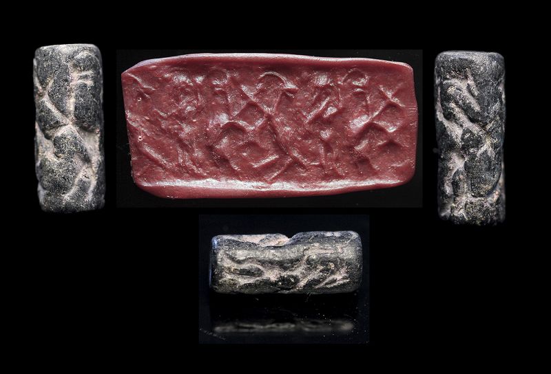 Nice Arkkadian stone Cylinder seal w animal fight, 2400-2260 BC