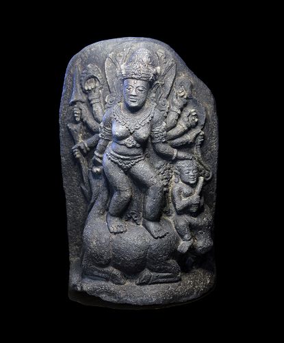 Inscribed Vulcanic stone Stele for Durga, Java, c. 11th.-12th.c.