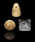 Rare neo-Babylonian Calchedony stamp seal with sword!, c 700 BC.