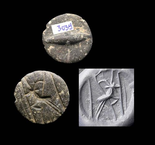 Large West Mesopotamian stamp seal w Capride struck by spears!