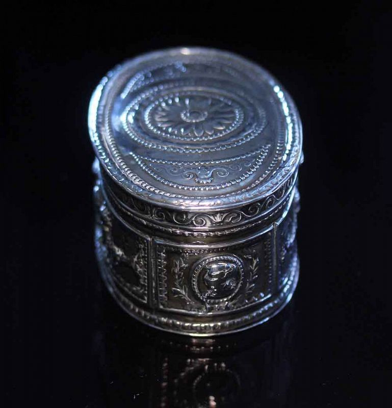 Attractive European silver repousee tobacco box, c. 1760-1780