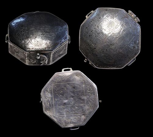 Islamic silver lidded box w caligraphy, military related, 17th. cent.!