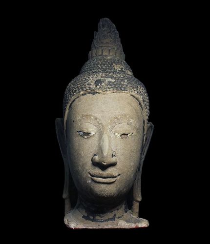 Impressive 57 cm stone head of Buddha, Thailand, 14th. cent. AD