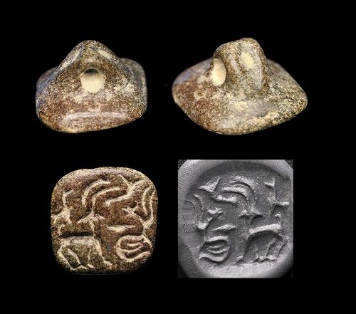 Fine red stone stamp seal w animals, Uruk period, 3rd. mill. BC
