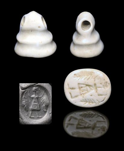 Superbly carved white stone stamp seal, Levantine, 1st. mill. BC